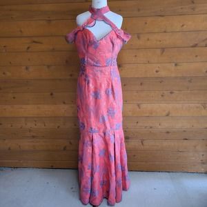 Vintage Handmade Sequin Mermaid Maxi Sequin Floral Pink Blue Dress Choker Neck